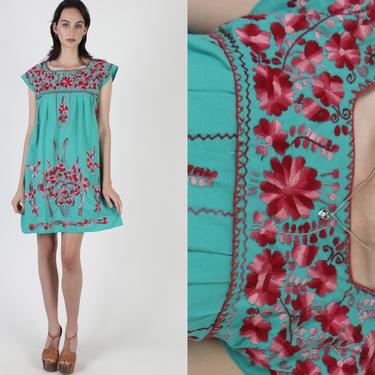 Green Cotton Mexican Mini Dress Vintage Traditional Dress From Mexico Bright Floral Fiesta Clothing Red Embroidered Tank Sleeve Dress 