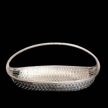 Vintage Large Silver Plated Hand Woven Basketweave Basket 14" long X 8" x 7" Tall 