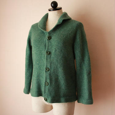 60s 70s Wool Handmade Cardigan Sweater Sea Foam Green Shawl Collar Bell Sleeve Size S / M 