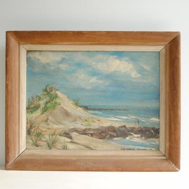 Vintage Beach Painting of Sand Dunes and the Ocean, Original Seascape Oil Painting, Framed Beach Painting 