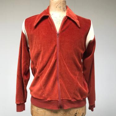 Vintage 1970s Velour Zippered Track Jacket, 70s Rust Athletic Warm-Up Hipster Jacket, Unisex Medium 
