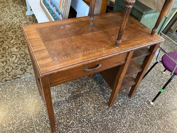 Art Deco wood inlay desk with one drawer and 3 shelves. 35.5” Miss