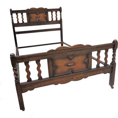 Antique Full Bed | English Oak Vono Barley Twist Jacobean 3/4 Bed 