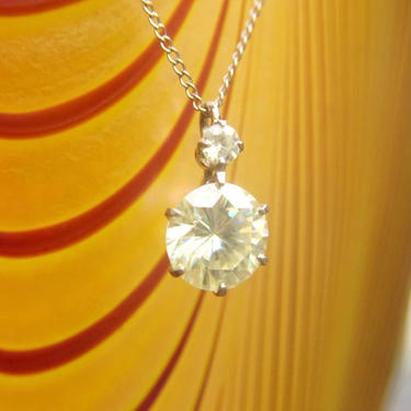 Vintage 14K White Gold &amp; Yellow Cubic Zirconia Pendant Necklace, Brilliant Cut CZ Diamond, Delicate Gold Pendant Choker, 13 1/2&amp;quot; Long 