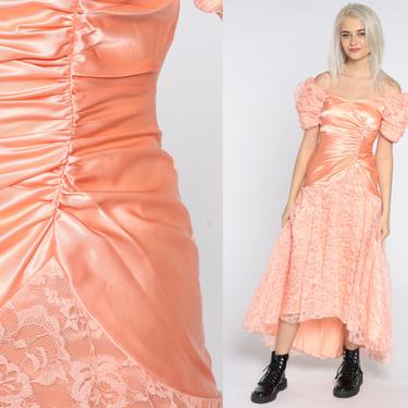 Satin Lace Dress 80s Prom Dress Peach  Satin Spaghetti Strap Midi Sweetheart Neckline Off-Shoulder 1980s Bridesmaid Vintage Extra Small xs 