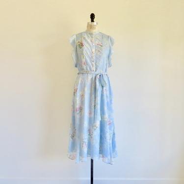 Vintage 1930's 40's Style Dress Pastel Blue Floral Chiffon Dress Pintuck Bodice Cottagecore Spring Summer Ralph Lauren 34&amp;quot; Waist 10 Medium 