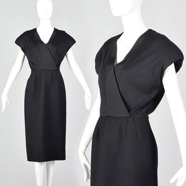 Small Geoffrey Beene Black Pencil Dress Simple Vintage Dress Shaped Shoulders Pencil Skirt Pockets Short Sleeves 1980s 80s Vintage 