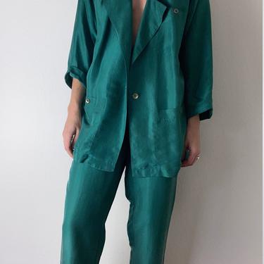 vintage emerald green silk pant suit 