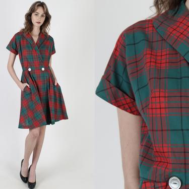 Vintage 50s Rockabilly Plaid Dress Deep V Wrap Collar Full Skirt Pockets Mini Dress 