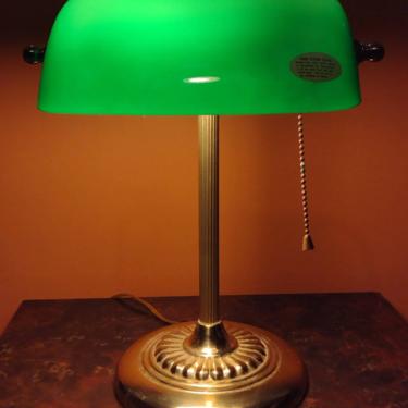 Vintage Hand Blown Emerald Green Glass &amp; Brass Bankers Lamp Retro Lighting Home Decor 12&amp;quot; 