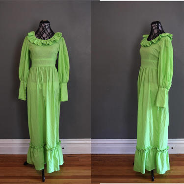 1970s Green Polka Dot Maxi Dress with Ruffled outlets Collar and Cuffs