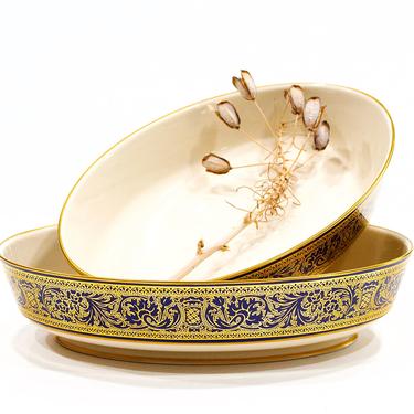 VINTAGE: 9" Oval Vegetable Bowl - Renaissance Royal by FRANCISCAN - Gold Filigree On Cobalt Blue Rim and Gold Trim 