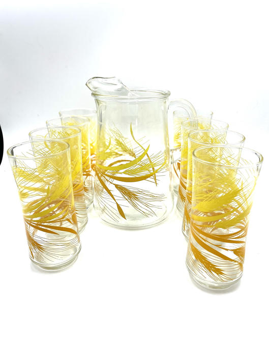 Vintage Green Wheat Set of 6 Drinking Glasses with Pitcher Ice Tea Glasses