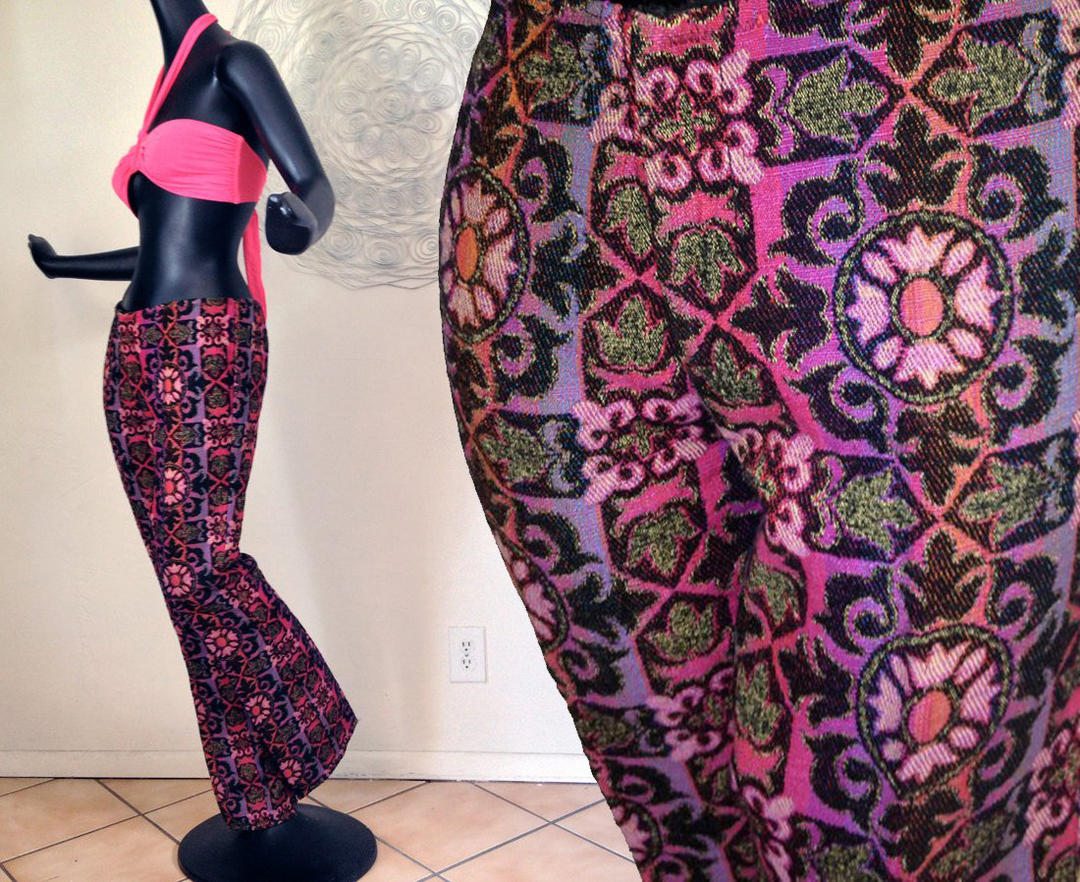60s pink lace up bell bottom knit suit 4-6 / vintage 1960s neon tunic and  bells pants outfit M