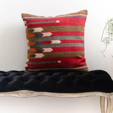 Vintage Large Pillowcase Geometric Red Brown Handwoven Wool Kilim Pillowcase 