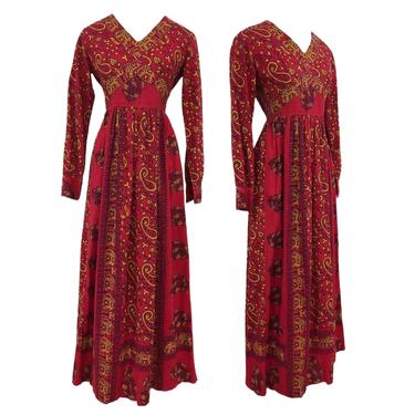 Vtg Vintage 1970s 70s Red Indian Paisley and Elephant Block Print Maxi Dress 