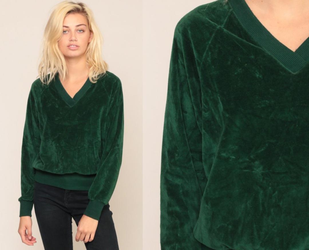 Retro Sweatshirt Velour Sweater V NECK Long Sleeve Shirt 80s Shop Exile Tucson AZ