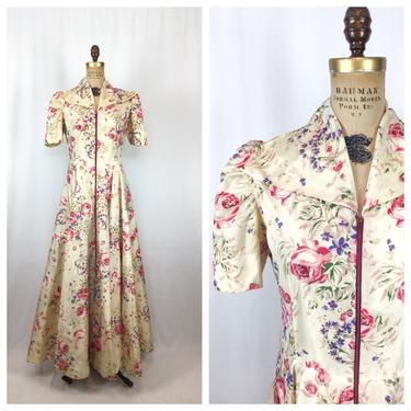 Vintage 30s Robe| Vintage floral taffeta dressing gown bathrobe | 1930s rose print cream lounge house coat 