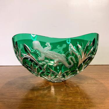 Vintage Ajka Crystal Design Guild Signed Magda Nemeth Cut to Green Lizard Bowl 