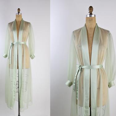 60s Mint Green Nightgown Maxi Robe/ Wedding Lingerie/ Boudoir / Pin up/ Long sheer Robe / Bridal / Wedding Nightgown / Size S/M 