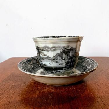 Antique 1850s Mulberry Ironstone Flow Black Transferware T. Walker Washington Cup and Saucer 