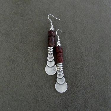 Mid century modern silver earrings, carved wooden earrings, Brutalist bold statement earrings, artisan boho earrings, bohemian earrings 