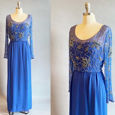 1960s Saks Fifth Avenue Gown / Blue Beaded Chiffon Dress / 1960s Formal Dress / 1960s Chiffon Gown / Size Small 