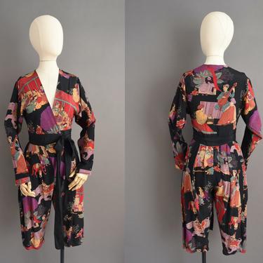 1970s vintage jumpsuit | Designer Dianne Benson Silk Hindu India Motif Jumpsuit Romper | Small | 70s jumpsuit 