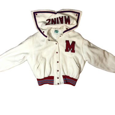 50s Letterman Jacket Cheerleading Varsity Jacket // Cream Fleece Red Blue Striped Hem Zipped Hood or Cape / 50s 60s Varsity Jacket Sz L / XL 