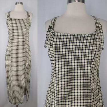 Vintage Nineties Breakin' Loose Plaid Pencil Dress - 90s Small Rayon Buckle Strap Racer Back Sheath Dress 
