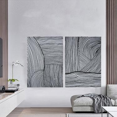 Sale-New B/W Lines Large Oversized  36&quot; x 48&quot; Canvas Painting Abstract Minimalist Modern Original Contemporary ArtbyDinaD by Art
