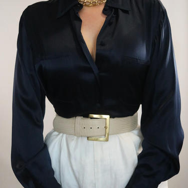 Vintage Silk Blouse - Navy Blue Charmeuse Silk Button Up Blouse - Liquid Silk Top - S-L 