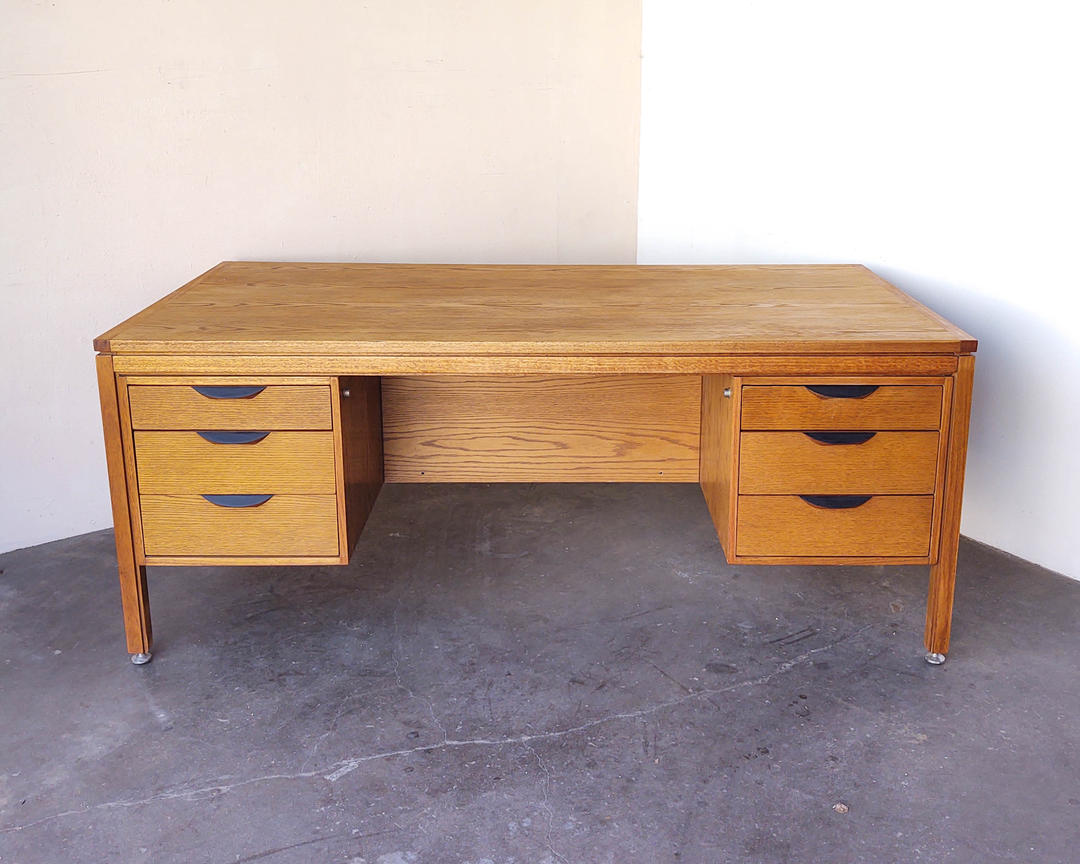 Vintage Oak Wood Executive Desk Risom Iridium Interiors Los Angeles, CA