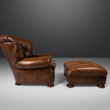 Wingback Writer's Chair and Ottoman by Henredon for Ralph Lauren in Thick Heavy Patinated Leather, USA 