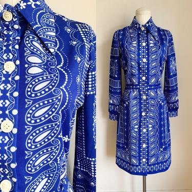 Vintage 1970s Blue Paisley Knit Dress / XS 