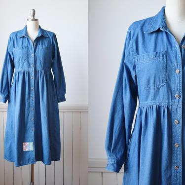 1990s Denim Dress | S | Vintage 80s/90s Cotton Denim Shirtwaist Dress with Pockets | medium wash 