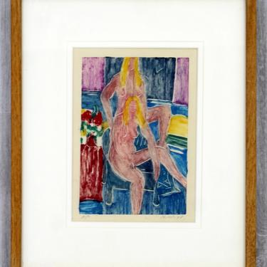 Modern Framed Nudes Hand painted Linocut Monotype Signed Matt Phillips 1970s 