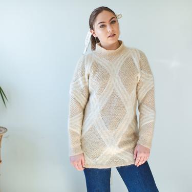 Vintage Sweater, Long Angora Sweater, Beige Minimalist Top, Mock Neck Fuzzy Sweater, Sweater for Leggings, 1980s Women's Vintage 