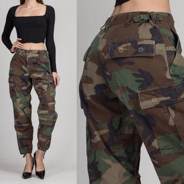 80s High Waist Camo Cargo Pants - 26&quot;-29&quot; | Vintage Unisex Military Camouflage Army Field Trousers 