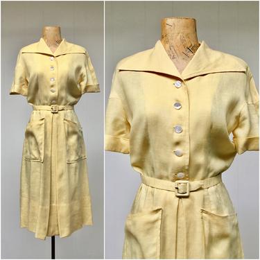 Vintage 1940s Yellow Linen Shirtwaist Dress, 40s Short Sleeve A Line Frock, WWll-Era Day Dress, 40s Fashion, Small 36&quot; Bust 26&quot; Waist 