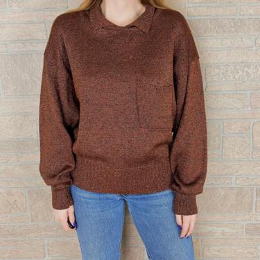 Slouchy Metallic Copper Collared Pullover Knit Sweater 