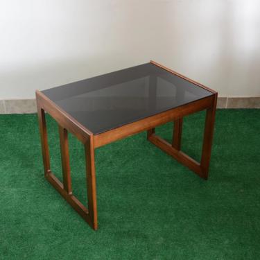 vintage wood and smoked glass modern side table 