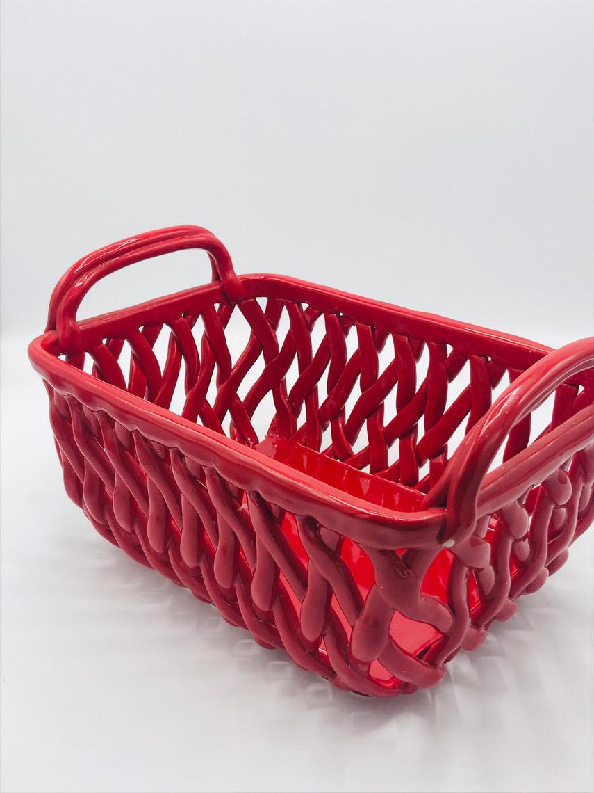 Vintage Red Lattice Rectangle Open Weave Bread Basket or Fruit
