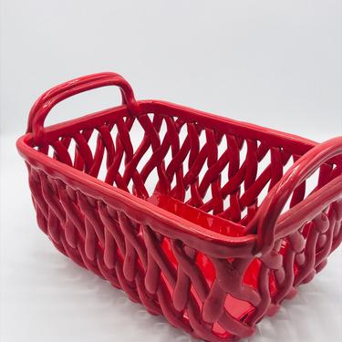 Vintage Red  Lattice Rectangle Open Weave Bread Basket or Fruit Bowl Pottery with handles 11&amp;quot; X  7&amp;quot; 