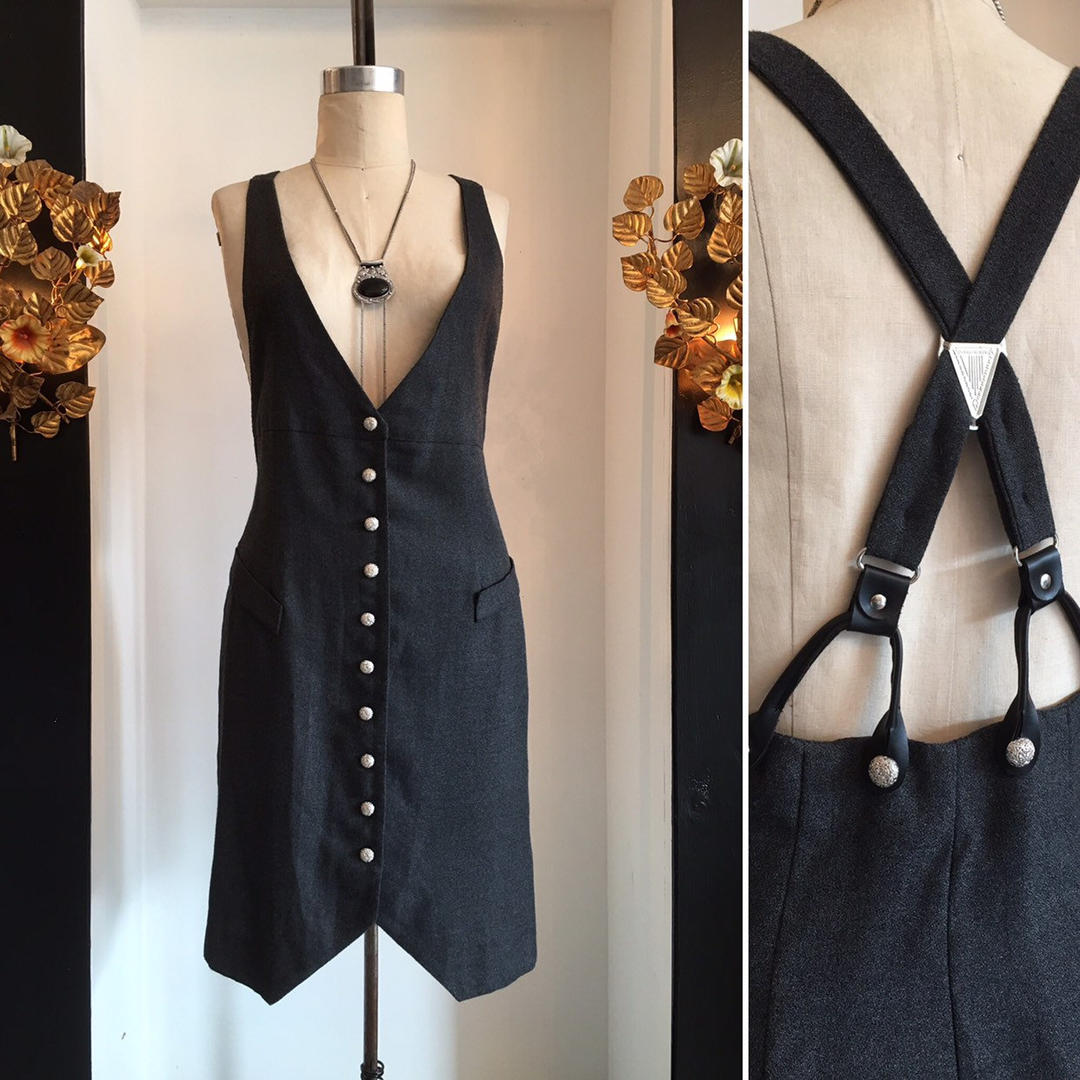 1990s suspender dress vintage 90s dress skirt with suspenders