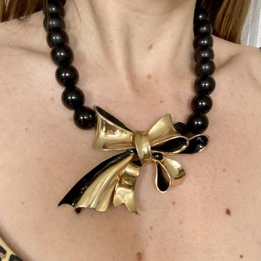 1980s Black Bead &amp; Gold Bow Necklace