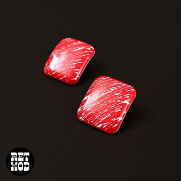 Fun Vintage 80s Red White Splatter Metal Rectangle Earrings 