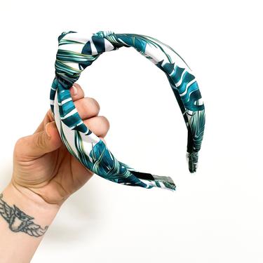 Tropical Leaf Top Knot Headbands - SUMMER SERIES - Lycra  / Swim  /  Tropical /  Jungle / Teal Green White  /   knotted Woman's 