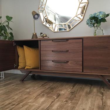 FREE SHIPPING ~ NEW Hand Built Mid Century Inspired Buffet / Credenza. Walnut 3 Drawer and 2 Door with Angled Leg Base! 