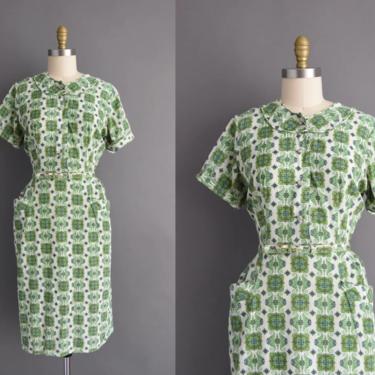 1950s vintage dress | Adorable Green Short Sleeve Summer Day Dress | Large | 50s dress 